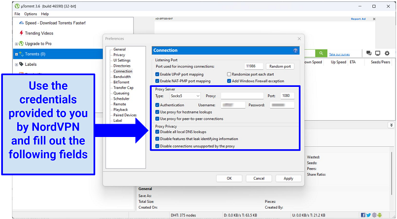 Utorrent'te Nordvpn Proxy ayarlarının nasıl kurulacağını gösteren ekran görüntüsü