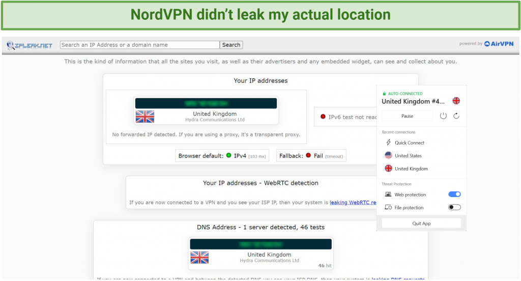 Screenshot of NordVPN successfully passed leak tests.