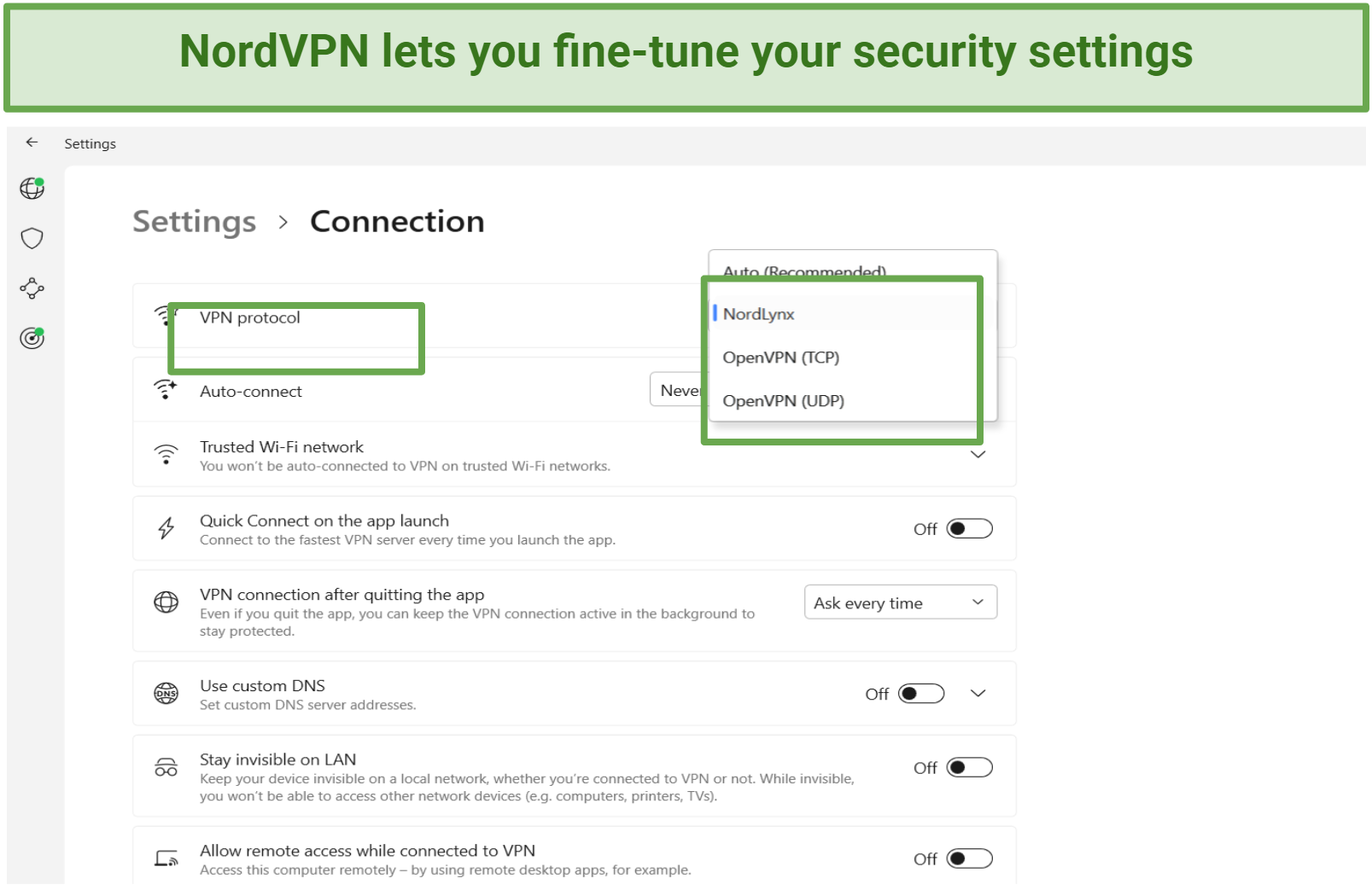 Screenshot of nordvpn security settings