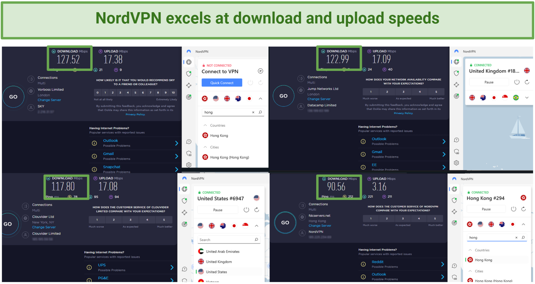 Pictures of NordVPN speed tests in the US, UK, Hong Kong, and closest server