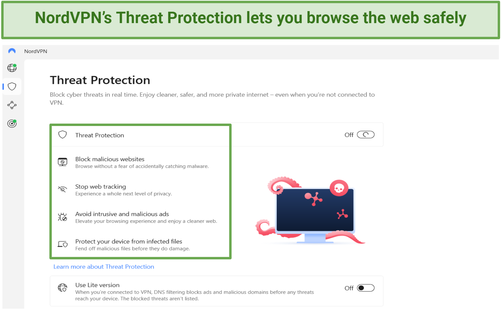 Picture of NordVPN's Threat Protection section with ad & malware blockers
