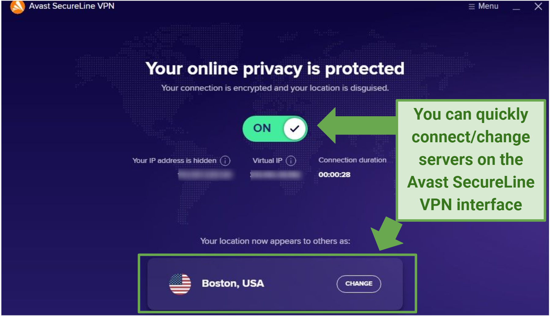 A screenshot of Avast SecureLine VPN app interface