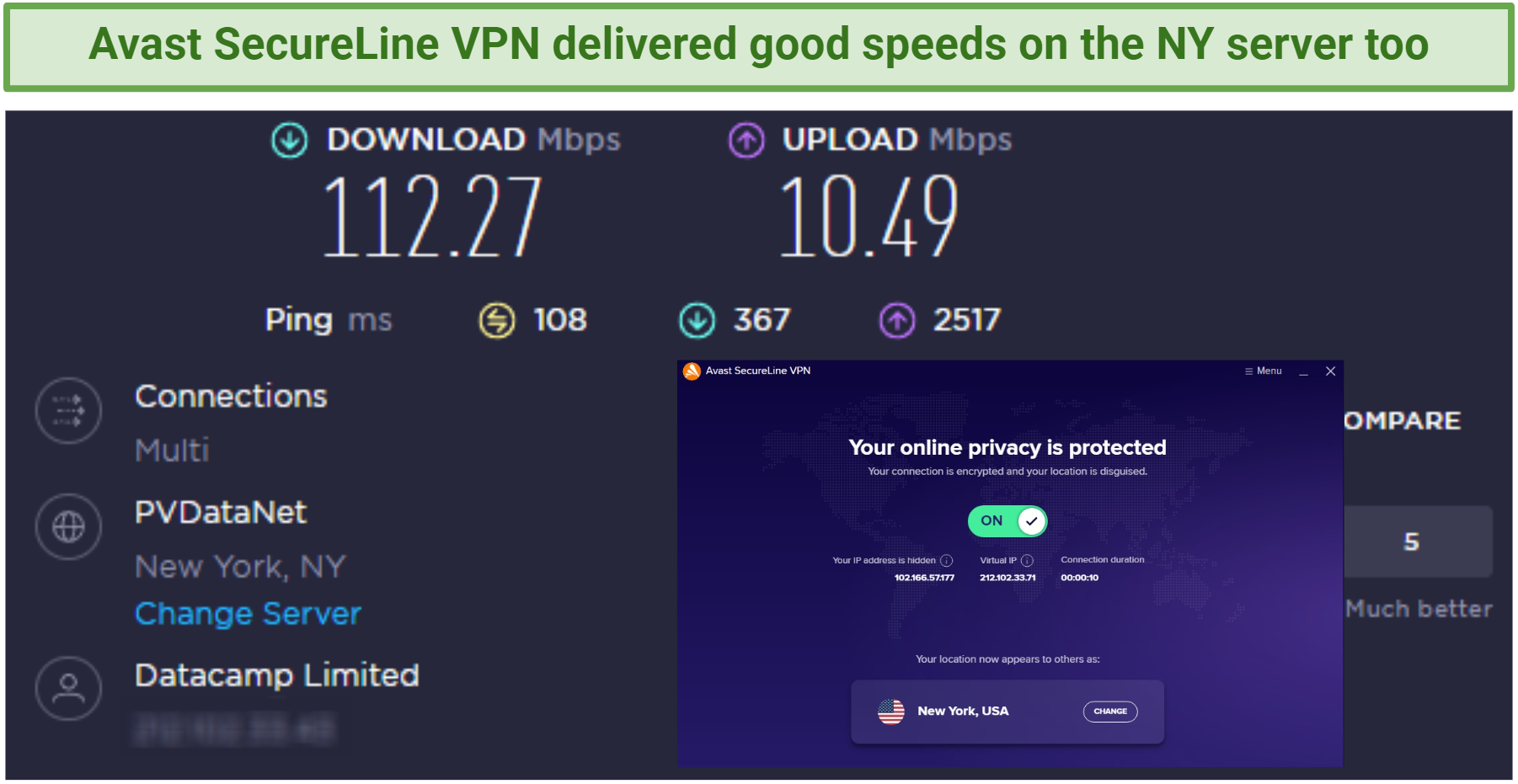 A screenshot of Avast SecureLine VPN speed test while connected to New York servers