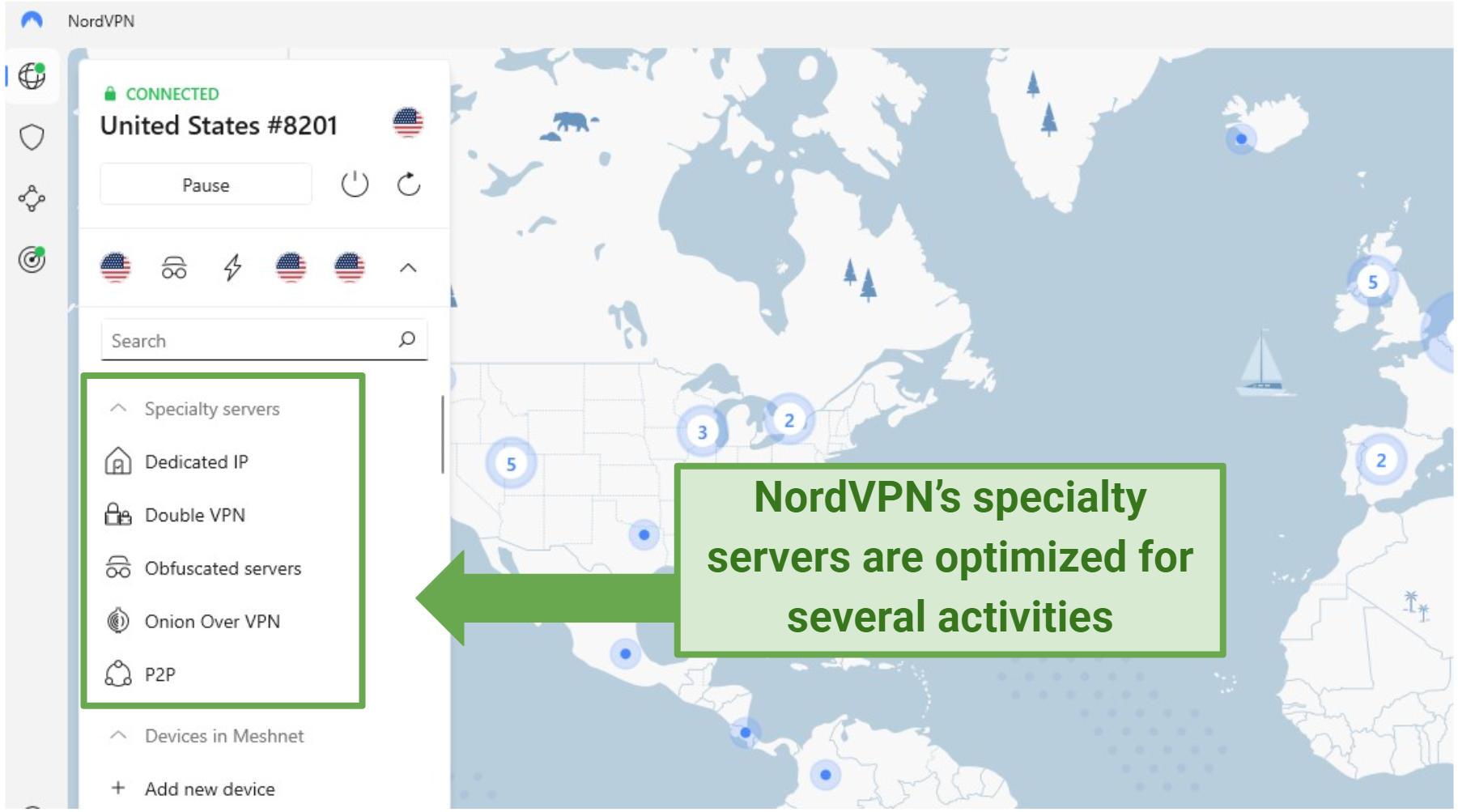 A screenshot of NordVPN specialty servers