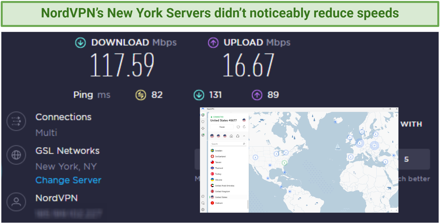 Screenshot of NordVPN's NYC servers not reducing connection speeds too much