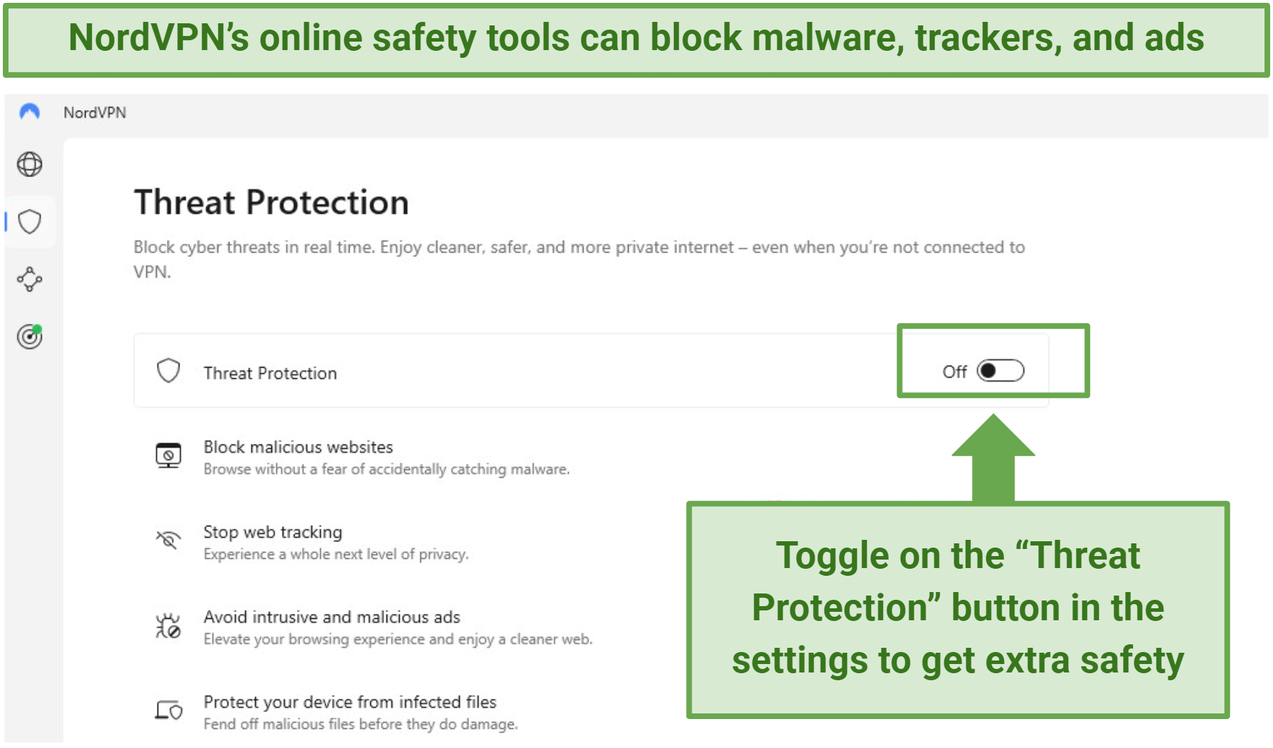 A screenshot of NordVPN's built-in Threat Protection feature