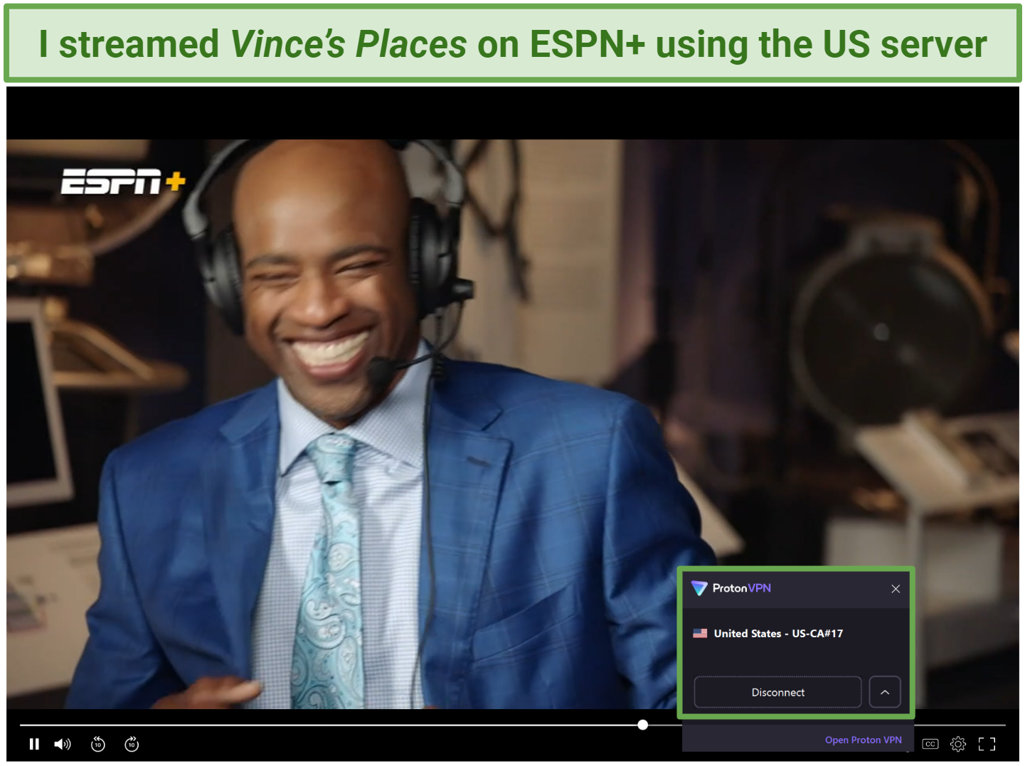 Screenshot of ESPN+ with Proton VPN