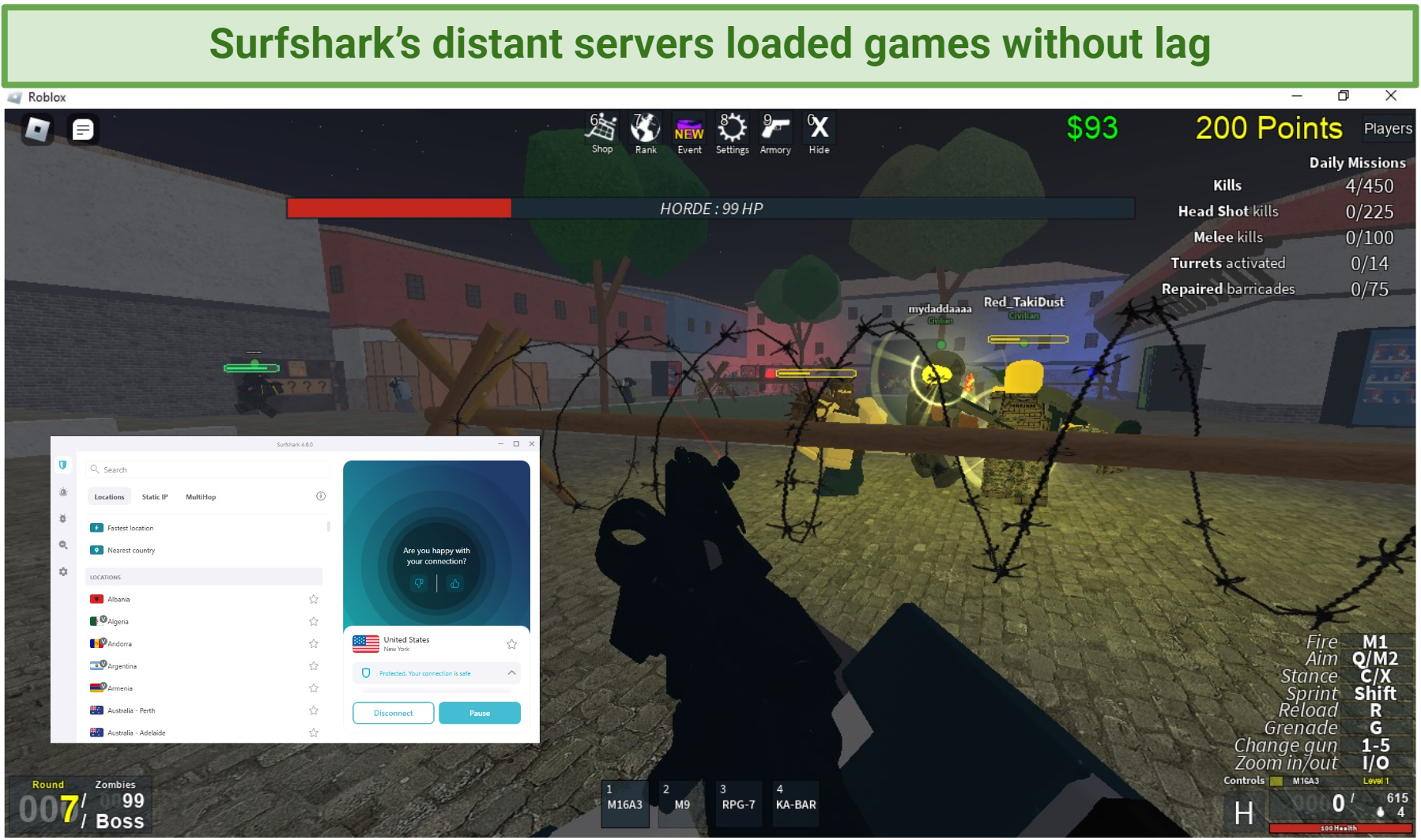A screenshot of online gaming with Surfshark