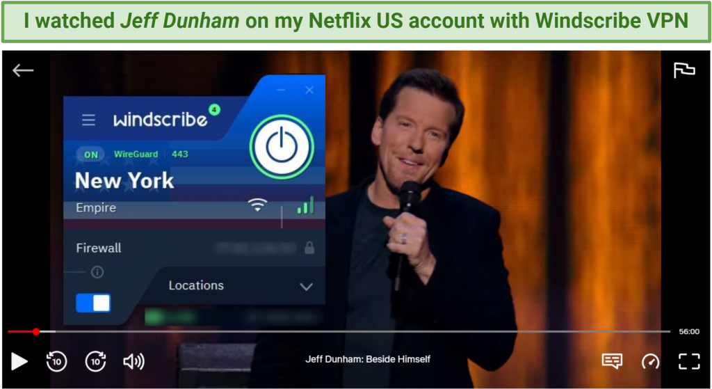 A screenshot of Windscribe VPN unblocking Netflix US