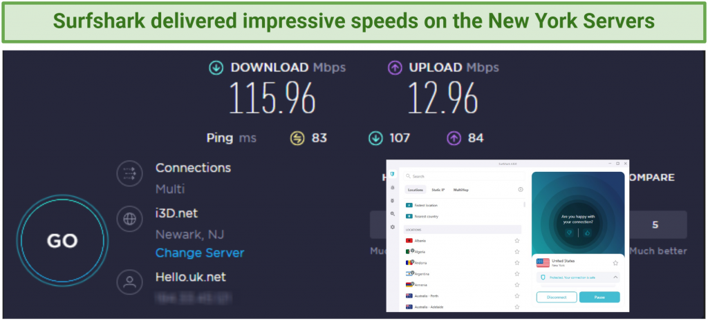 A screenshot of Surfshark speed test results on New York servers