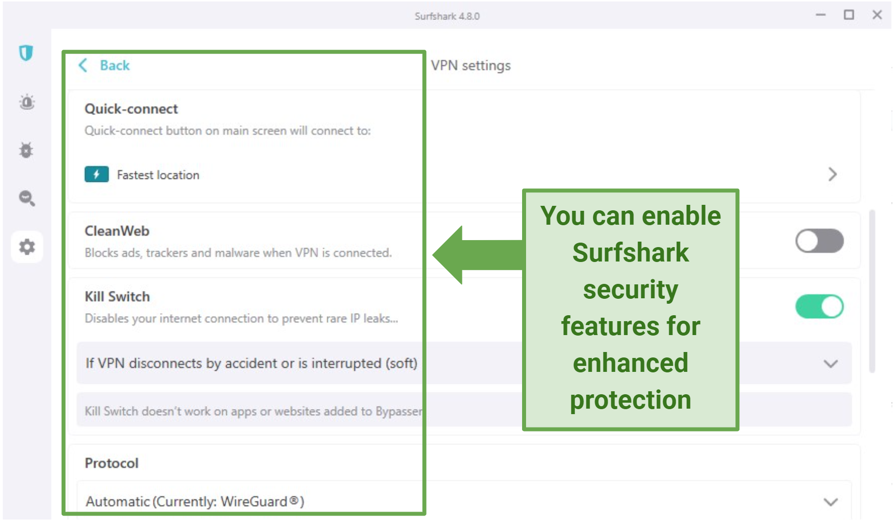 A screenshot of Surfshark security features