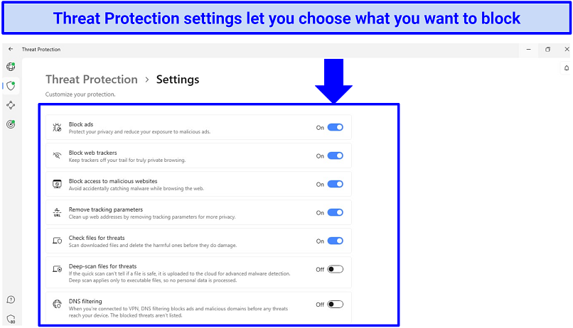 A screenshot of NordVPN Threat Protection settings tab