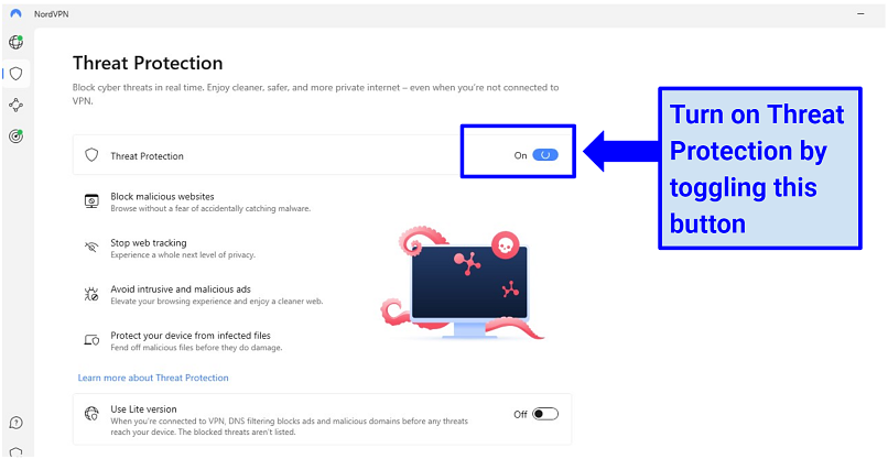 A screenshot of how to enable NordVPN Threat Protection