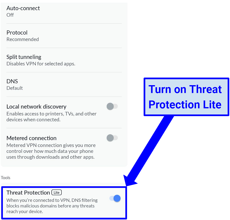 A screenshot of Threat Protection Lite feature on the Android app