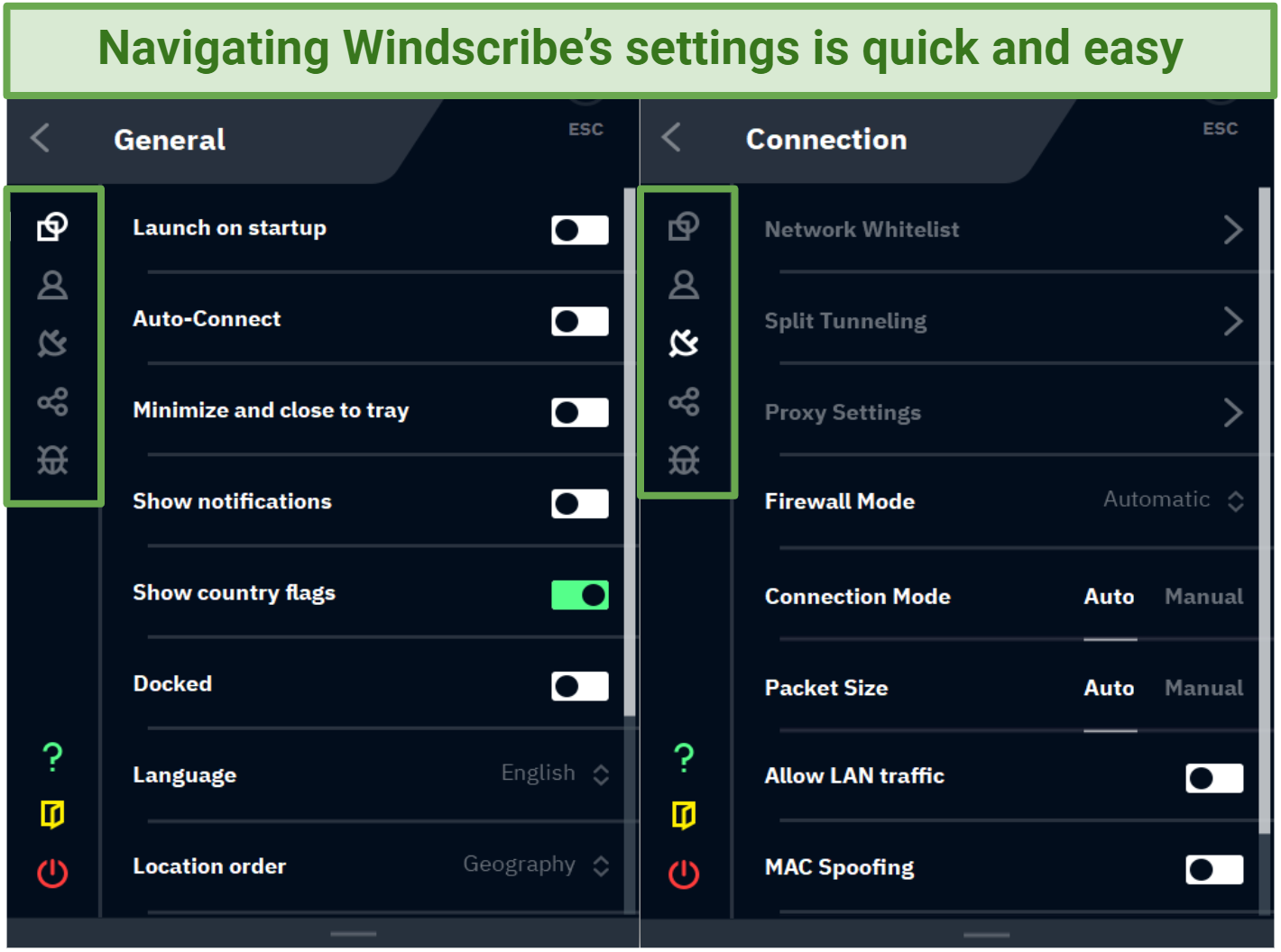 Screenshot of Windscribe's settings menu