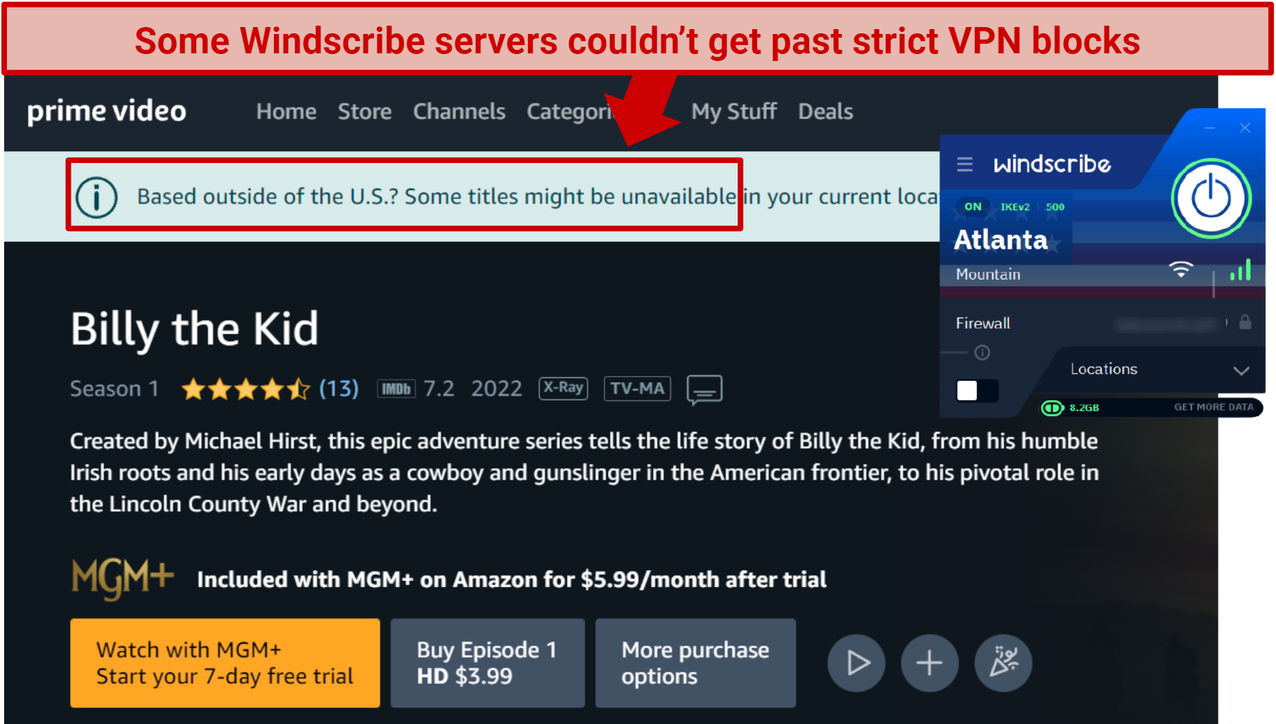 Screenshot of Windscribe US server failing to get past Amazon Prime Video geoblocks.