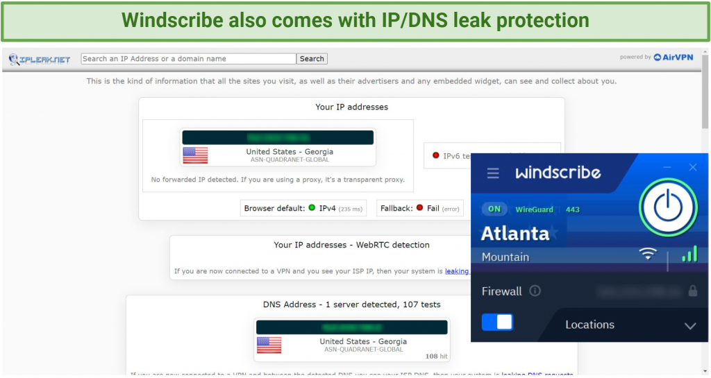 Screenshot of Windscribe successfully passed leak tests.