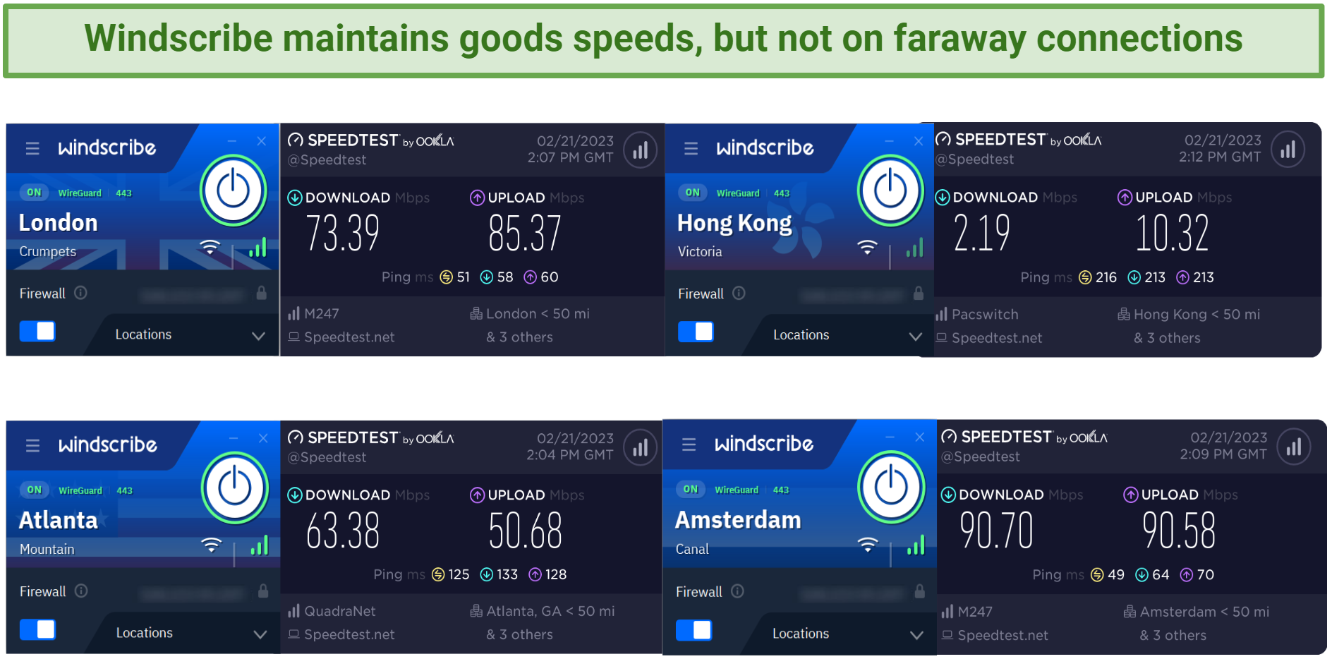 Screenshot of Windscribes speed test results.