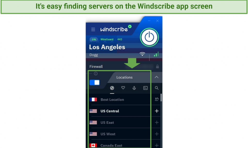 A screenshot of Windscribe app home screen