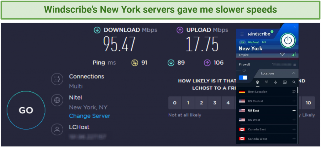 A screenshot of Windscribe speed test results on the New York servers