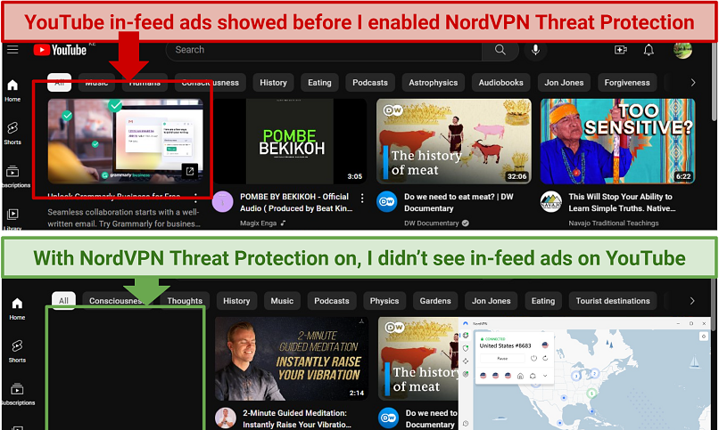 A screenshot of YouTube in-feed ads before and after enabling Threat Protection
