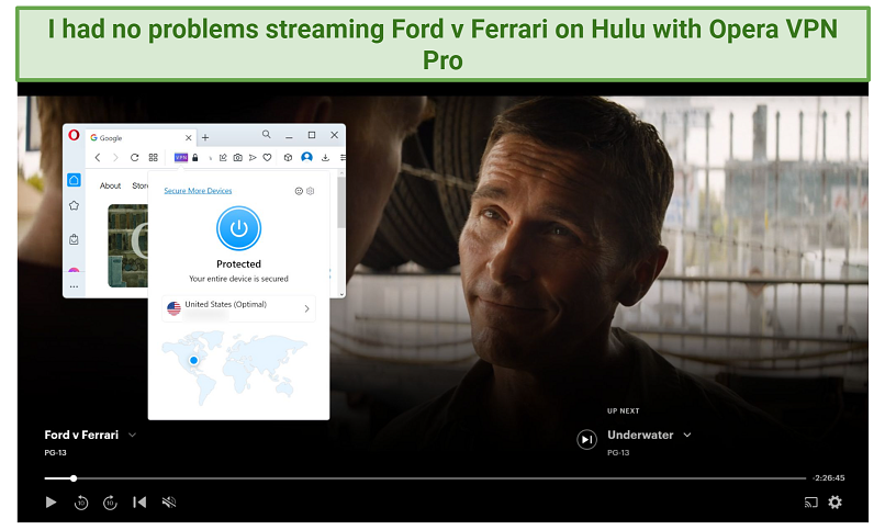 Screenshot of Hulu player streaming Ford v Ferrari while connected to Opera VPN Pro