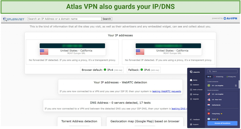Screenshot of Atlas VPN successfully passed leak tests.