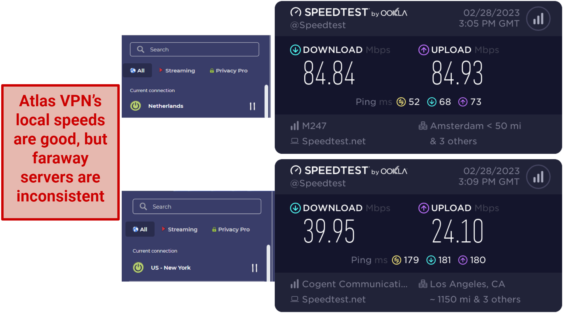 Screenshot of Atlas VPN demonstrating good local speeds but slow long-distance servers