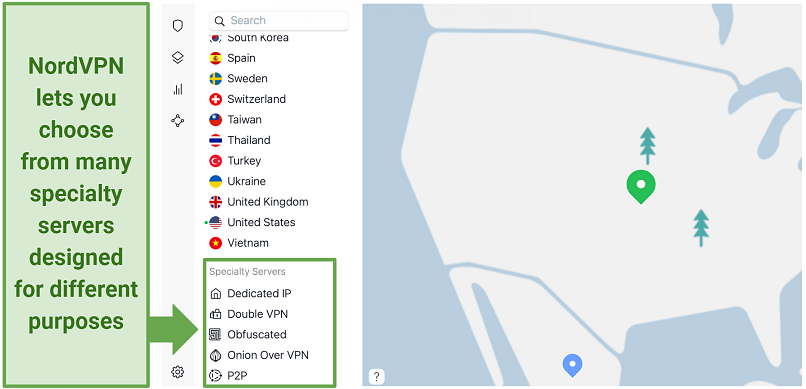 Screenshot of NordVPN's specialty servers