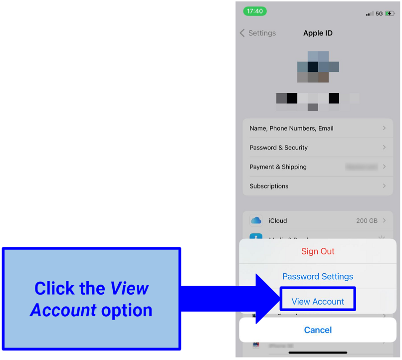 Screenshot of iOS View Account pop-up panel