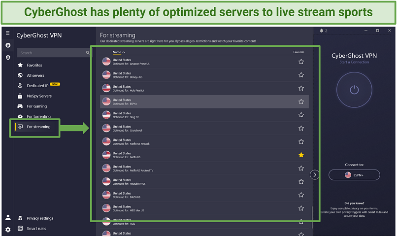 Screenshot of CyberGhost app showing various streaming-optimized servers that can help you access BWF world championship