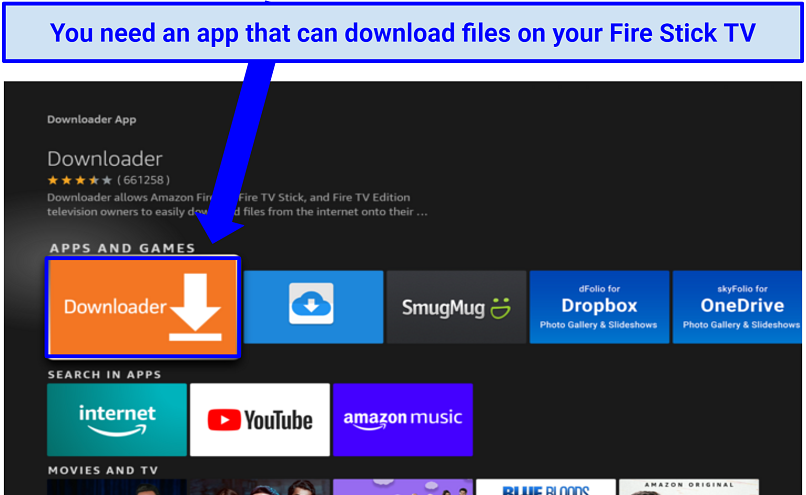 Screenshot showing how to install Downloader on Fire Stick TV via the app store