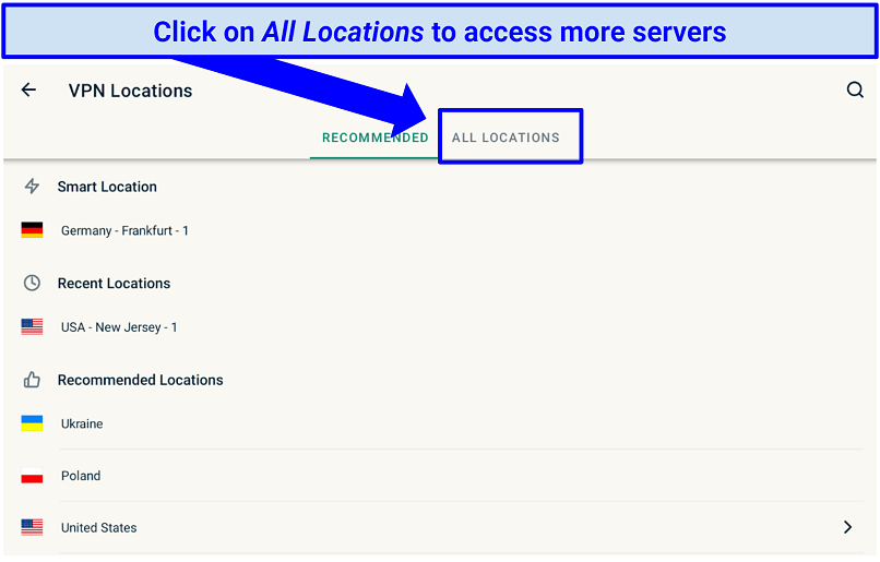 Screenshot of ExpressVPN's server list menu.