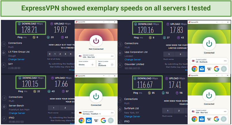 Pictures of ExpressVPN speed tests on servers in the UK, Germany, and the US