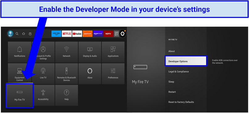 Screenshot showing how to enable developer mode on Fire Stick TV