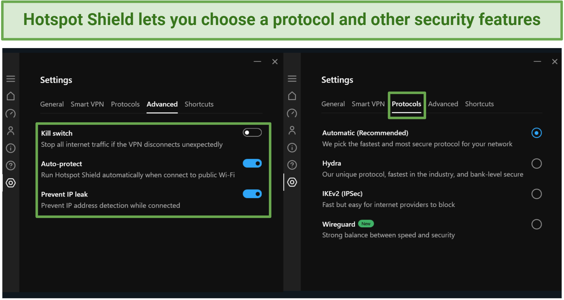 Pictures of security settings for Hotspot Shield VPN