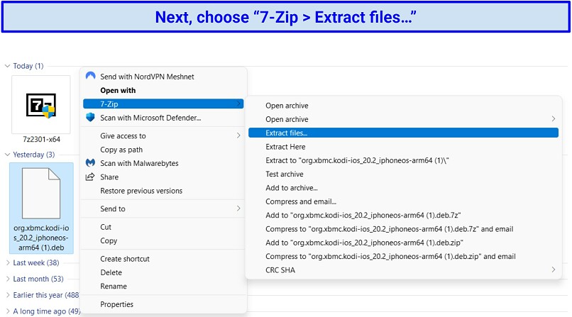 A screenshot showing the process of extracting files from the Kodi DEB file using 7-Zip