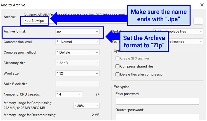 A screenshot showing how to designate a filename for the IPA in 7-Zip and the archive format to select before transitioning from a Kodi DEB file to an IPA file