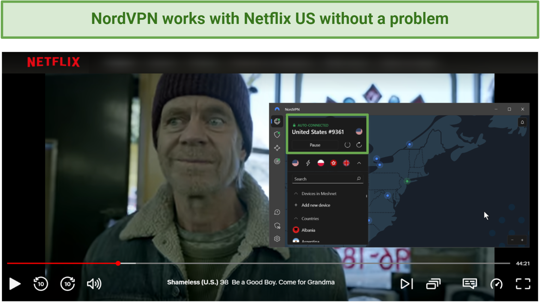 Screenshot of Shameless (US) show on Netflix accessed via NordVPN