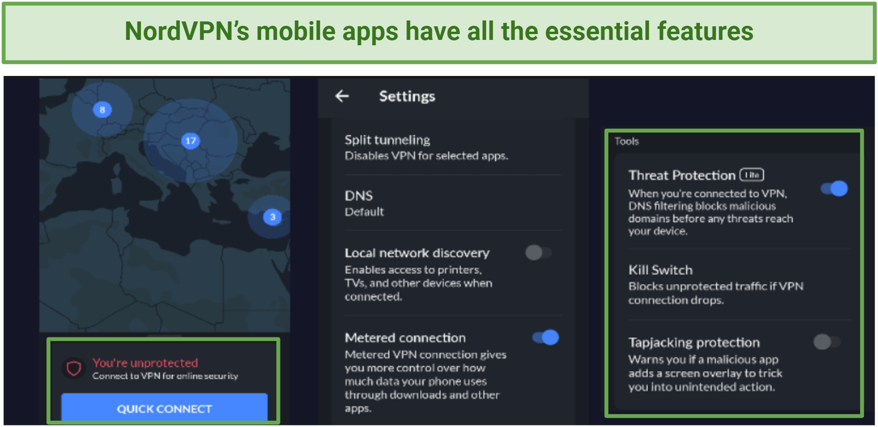 Pictures of NordVPN interface on Android smartphone