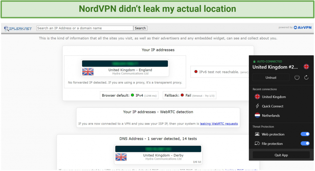 Screenshot of NordVPN successfully passed leak tests
