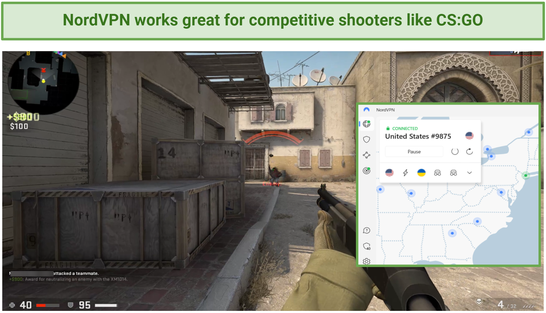 Screenshot of CS: GO match with NordVPN connected to the US server