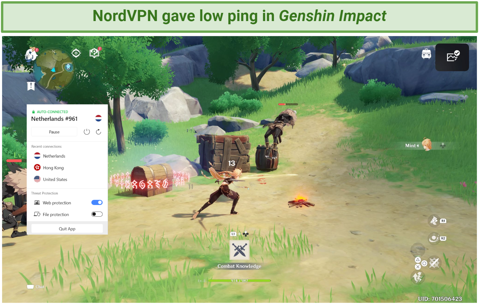 Screenshot of NordVPN working well with Genshin Impact.