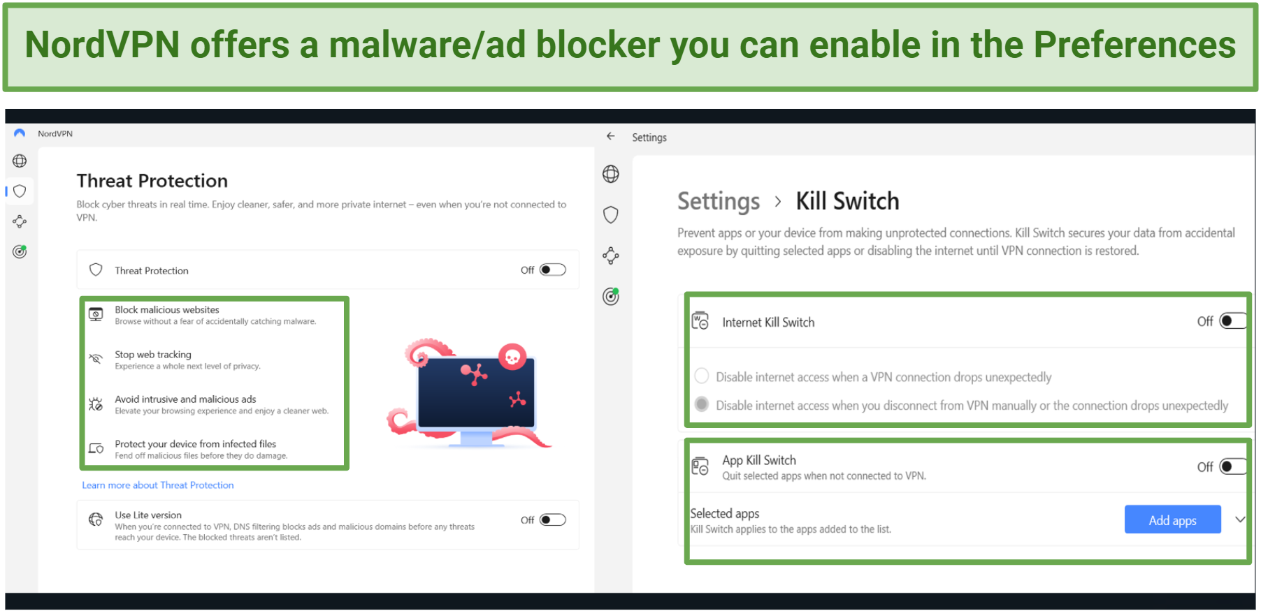 Pictures of NordVPN's security kill switch and Threat Protection settings