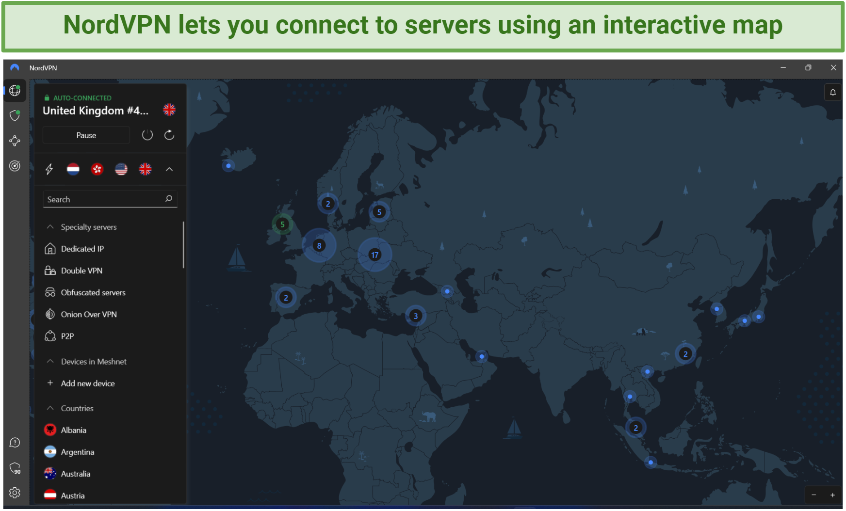Screenshot of NordVPN's user interface showing the server select map.