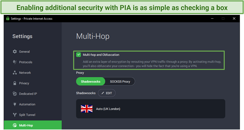 Screenshot of PIA's Multi-Hop settings screen.