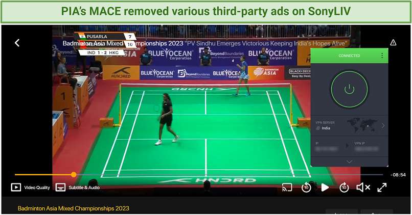 Screenshot of PIA blocking ads on SonyLIV