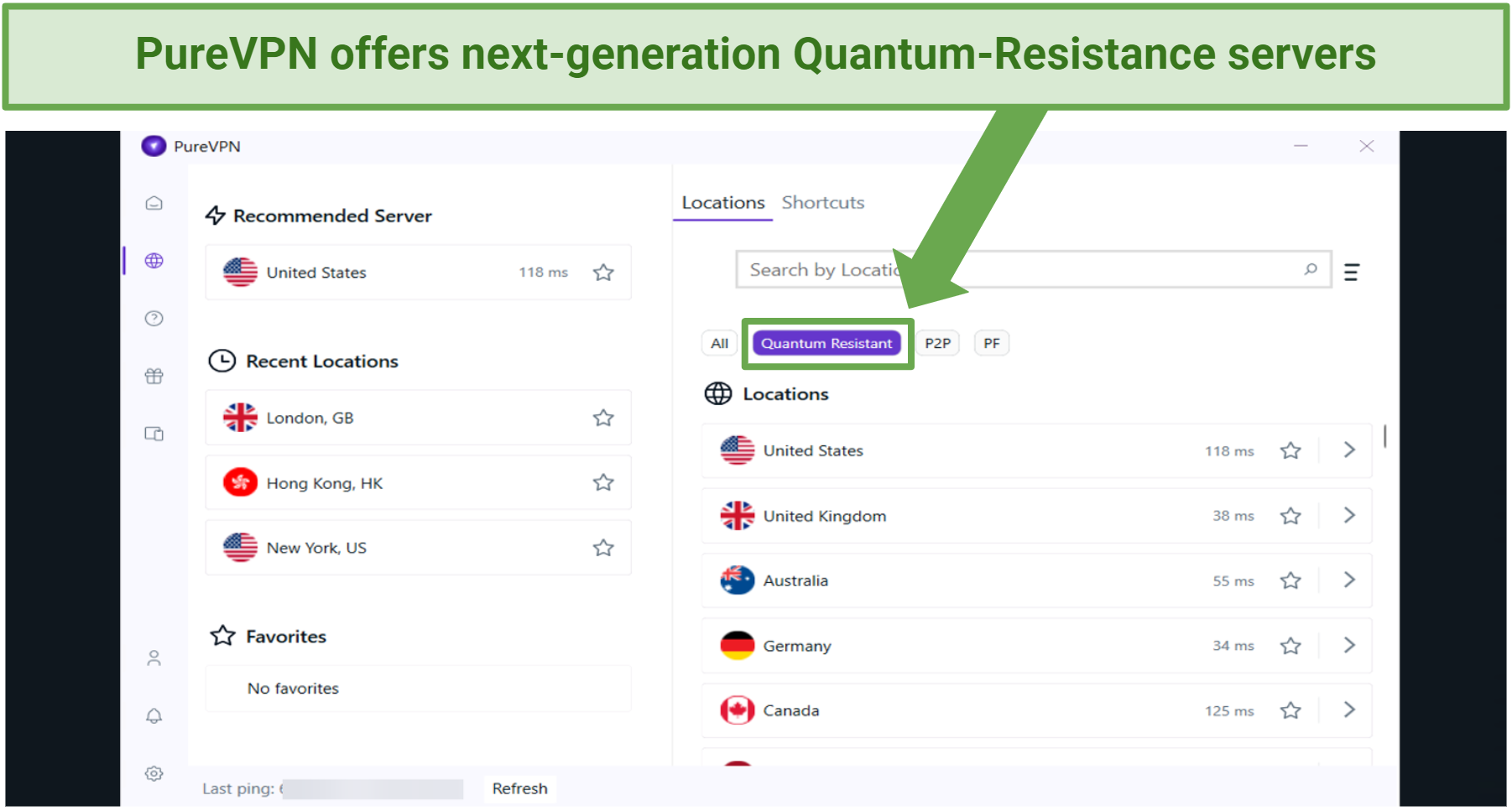 Screenshot of PureVPN's server interface with highlighted Quantum Resistant servers