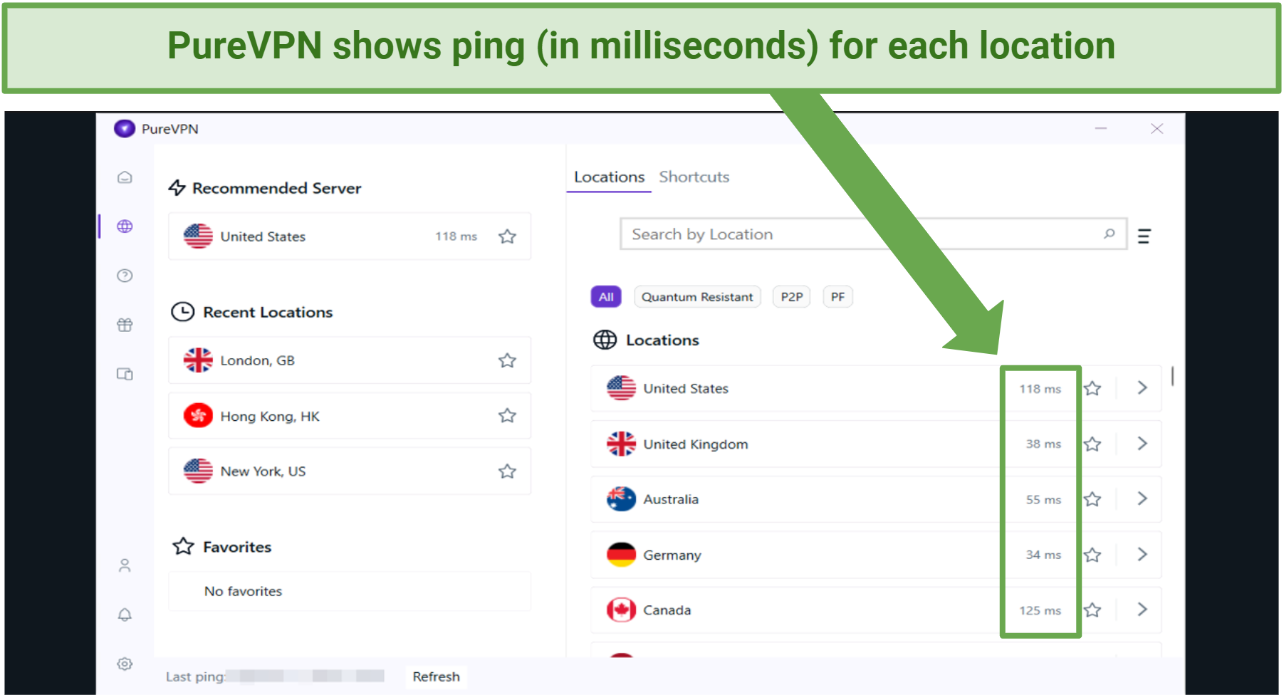 Picture of PureVPN's server list with ping/latency