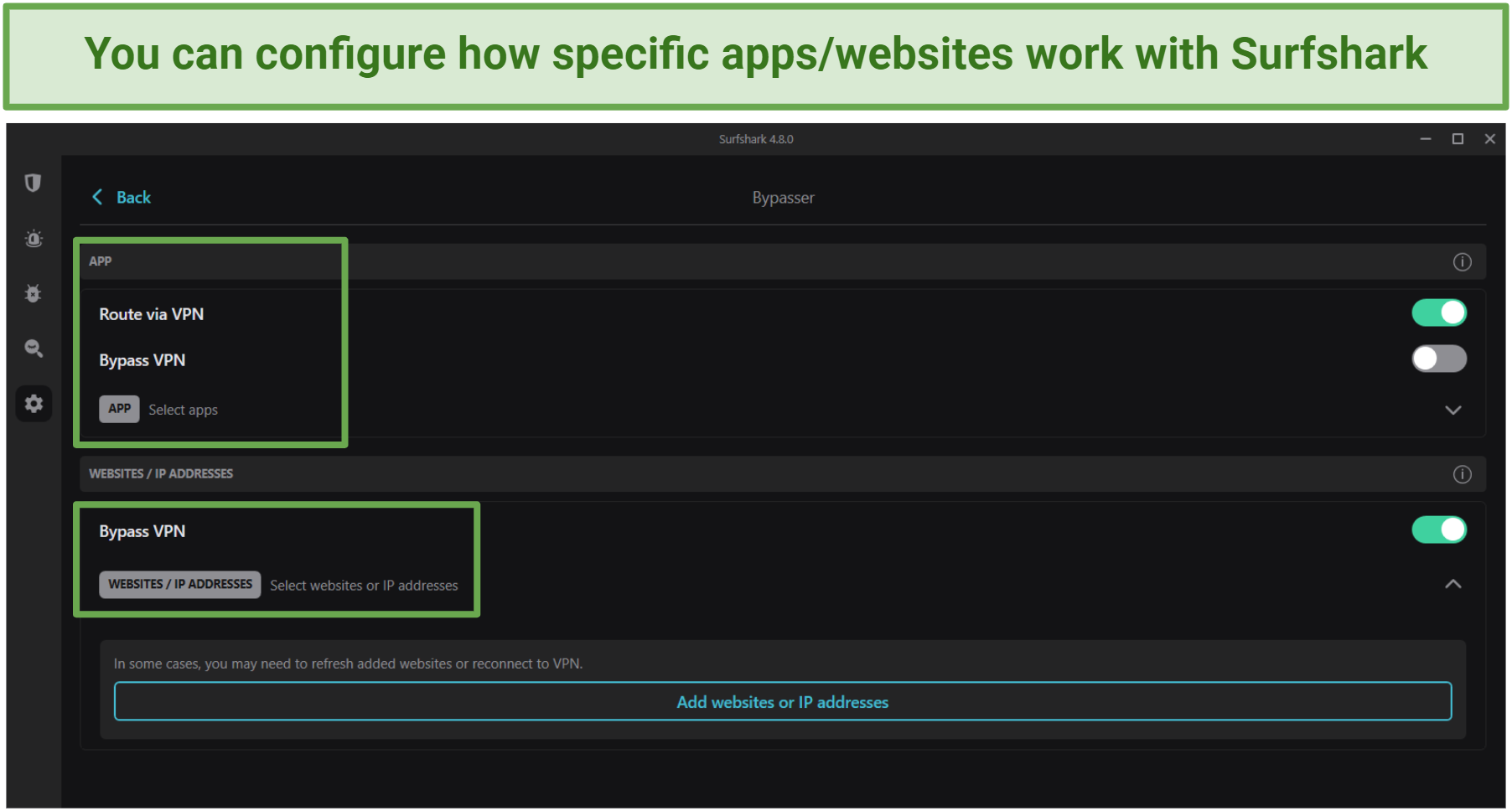 Picture of the split tunneling (Bypasser) feature in Surfshark VPN